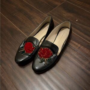 Zara Black Loafers with Red Floral Embroidery